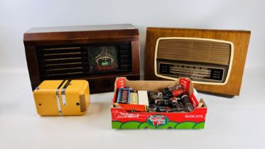 A VINTAGE PORTADYNE RADIO ALONG WITH A VINTAGE REGENTONE RADIO AND BRIONVEGA RADIO AND BOX OF