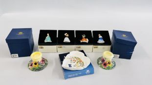 4 BOXED ROYAL DOULTON MINIATURE LADIES, 2 X OLD TURPIN WARE BOXED STANDS AND AYNSLEY DISH BOXED.