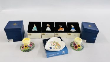4 BOXED ROYAL DOULTON MINIATURE LADIES, 2 X OLD TURPIN WARE BOXED STANDS AND AYNSLEY DISH BOXED.