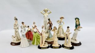 A COLLECTION OF THIRTEEN CLASSICAL LADY FIGURINES TO INCLUDE ROYAL DOULTON AND LEONARDS PORCELAIN