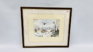 WATERCOLOUR WINTER COUNTRY SCENE WITH PHEASANT AND SNIPE BEARING SIGNATURE KEN COULSON.