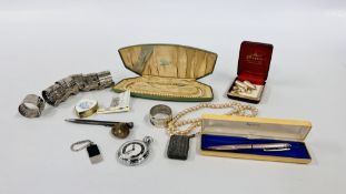 BOX OF MIXED COLLECTIBLES INCLUDING SILVER, SIMULATED PEARLS, INGERSOLL POCKET WATCH ETC.