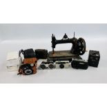 A VINTAGE SEWING MACHINE ALONG WITH A BOX OF ASSORTED CAMERAS TO INCLUDE BEACON,