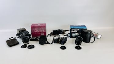 AN OLYMPUS OM20 CAMERA WITH OM-SYSTEM ZAIKO AUTO-S 50MM LENS, 1:1,8 ALONG WITH A E ZUIKO AUTO-T 1:3.