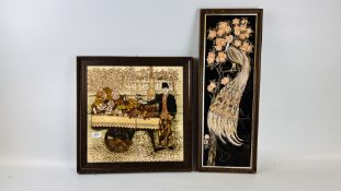 A MAW & Co THREE PIECE PEACOCK TILE IN A FRAME ALONG WITH A FOUR PIECE TILE PICTURE DEPICTING A