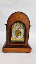 MAHOGANY AND INLAID MANTEL CLOCK WITH GILT AND WHITE PAINTED FACE - HEIGHT 45CM.