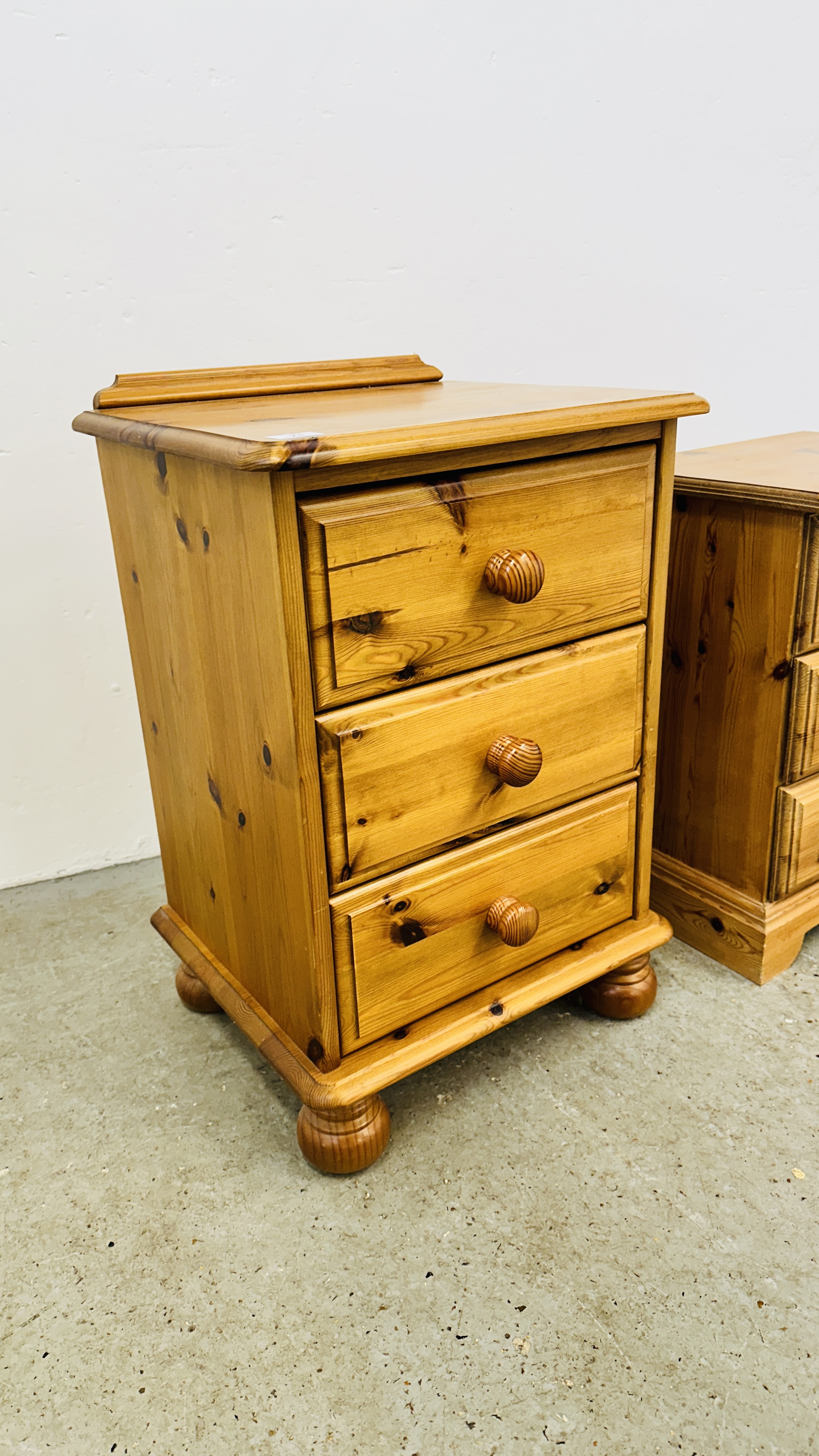 A HONEY PINE 3 DRAWER BEDSIDE CHEST ALONG WITH A FURTHER WAXED PINE EXAMPLE. - Image 7 of 7