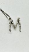 A 14CT WHITE GOLD DIAMOND SET "M" PENDANT ON 9CT WHITE GOLD FINE LINK NECKLACE.