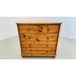 A GOOD QUALITY HONEY PINE 2 OVER 3 DRAWER CHEST, W 74CM X D 39CM X H 81CM.