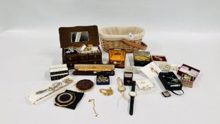 A JEWELLERY BOX AND BASKET CONTAINING A QUANTITY OF COSTUME JEWELLERY, WRIST WATCHES,