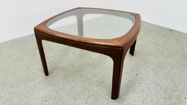 A RETRO TEAK FRAMED G PLAN SQUARE COFFEE TABLE WITH GLASS INSET TOP, W 76CM X D 76CM.