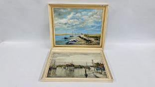 A FRAMED OIL ON BOARD "CLEY-NEXT-THE-SEA" BEARING SIGNATURE PHILLIPA LEIGH W 50CM X H 39CM ALONG
