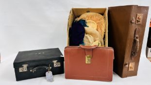 2 VINTAGE CASES, ONE VANITY ALONG WITH A BOX CONTAINING VINTAGE CLOTHING TO INCLUDE HATS ETC.