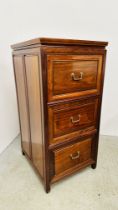 A HARDWOOD THREE DRAWER LOCKING FILING CABINET COMPLETE WITH TWO KEYS, W 61CM, D 54CM, H 111.5CM.