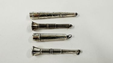 TWO ANTIQUE SILVER CIGAR PIERCERS, BIRMINGHAM ASSAY ALONG WITH TWO ANTIQUE SILVER CHEROOT HOLDERS,