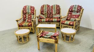 7 PIECE CANE CONSERVATORY SUITE COMPRISING OF A TWO SEATER SOFA, 2 CHAIRS, 2 ROUND TABLES,