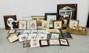 AN EXTENSIVE COLLECTION OF FRAMED PRINTS TO INCLUDE MANY RETRIEVER DOG AND PIG EXAMPLES PLUS BOX