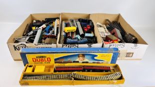 AN EXTENSIVE COLLECTION IN 3 X BOXES OF HORNBY DUBLO TRAINS AND TRACK ALONG WITH OTHER RELATED
