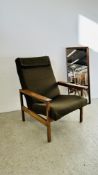 RETRO MID CENTURY OPEN ARM CHAIR AND MID CENTURY RECTANGULAR WALL MIRROR.