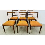 A SET OF 6 RETRO TEAK FRAMED LADDER BACK DINING CHAIRS WITH GOLD VELOUR SEATS.