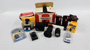 A BOX OF ASSORTED CAMERA EQUIPMENT AND ACCESSORIES TO INCLUDE LENSES AND POLAROID CAMERAS,