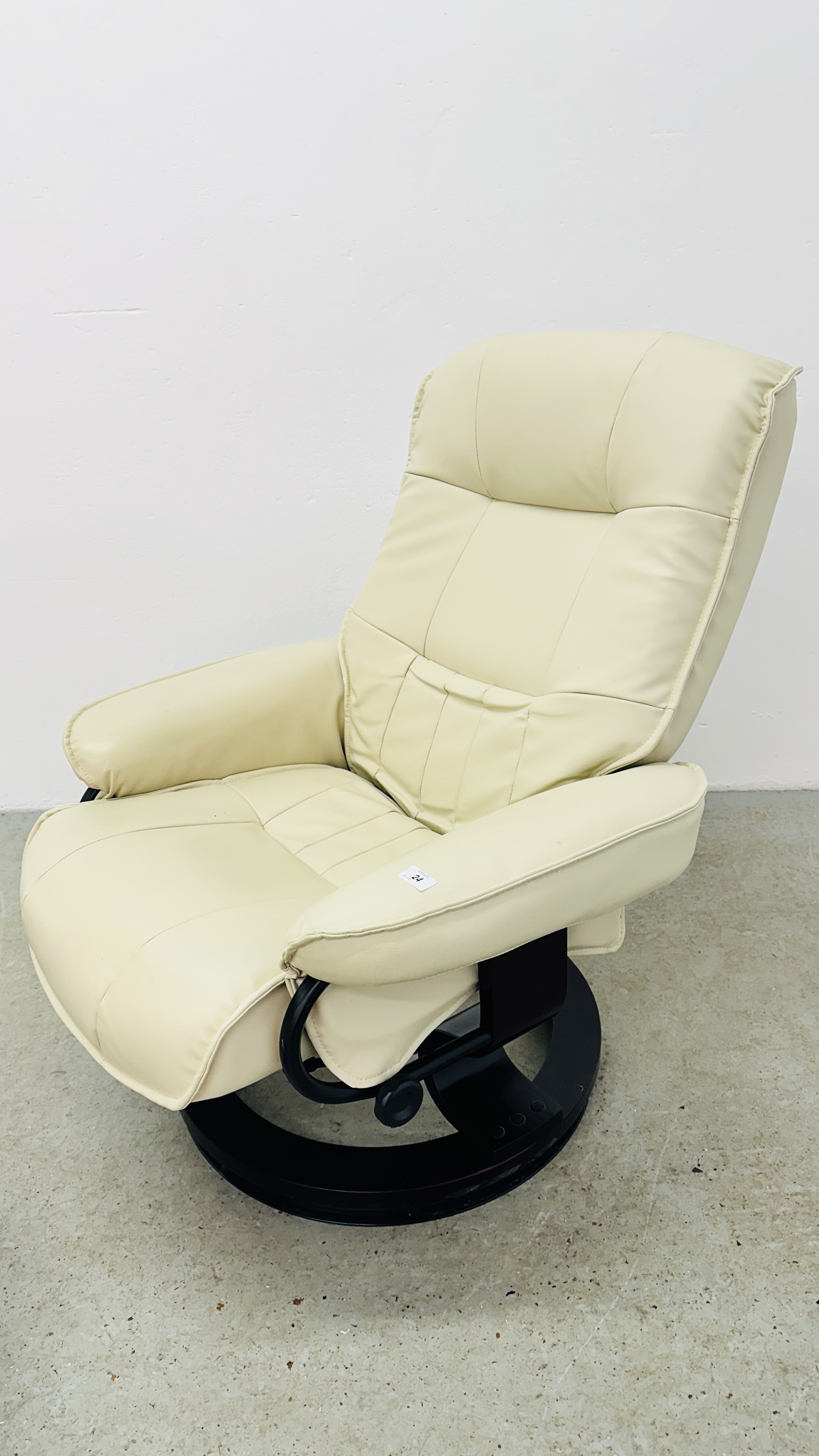 A MODERN CREAM FAUX LEATHER RECLINING RELAXER CHAIR AND FOOTSTOOL. - Image 5 of 12