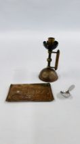 A GEORG JENSEN CADDY SPOON ALONG WITH CHRISTOPHER DRESSER BENHAM AND FROUD CANDLESTICK AND UNMARKED
