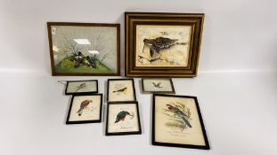 EIGHT FRAMED WATERCOLOURS AND PRINTS DEPICTING BIRDS.