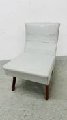 A 1960'S STYLE GREY UPHOLSTERED SIDE CHAIR (COLLECTORS ITEM).