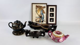 TWO MIDDLE EASTERN CARVED HARDWOOD DRAGON FEAST BOWLS ALONG WITH AN EASTERN FRAMED TRIO AND AN