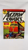 A LARGE MODERN "ACTION COMICS" STRETCHED CANVAS - W 66CM X H 91CM.