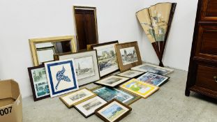 2 X MODERN FRAMED MIRROR AND A BOX OF PICTURES AND PRINTS TO INCLUDE ORIGINAL ARTWORKS BEARING