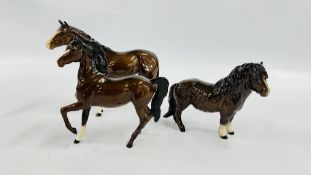 THREE ROYAL DOULTON HORSE ORNAMENTS TO INCLUDE A SHETLAND PONY EXAMPLE.