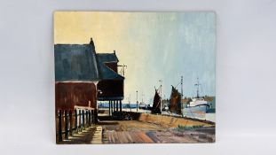 AN ACRYLIC ON BOARD "GAS HOUSE QUAY YARMOUTH" BEARING SIGNATURE CLIFFORD JOHN - W 41CM X H 33.5CM.