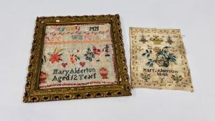 2 SAMPLERS "MARY ALDERTON 1948" 25 X 25CM.