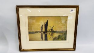 A FRAMED AND MOUNTED WATERCOLOUR OF WHERRIES AND MILL THE RIVER YARE NEAR REEDHAM BEARING SIGNATURE