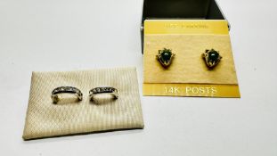 A PAIR OF JADE & CZ SET STUD EARRINGS ALONG WITH A PAIR OF CZ SET CUFF EARRINGS.