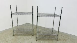 2 X HEAVY DUTY THREE TIER ADJUSTABLE METAL RACKS - EACH W 75CM, D 60CM, H 116CM.