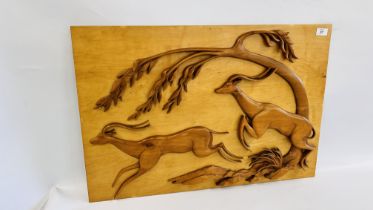 A RAISED WOODEN PANEL DEPICTING LEAPING ANTELOPE, W 79CM X H 53CM.