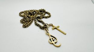 TWO 9CT GOLD PENDANT CHARMS SUSPENDED ON A WOVEN GOLD TONE CHAIN.