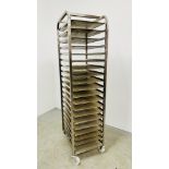 STAINLESS STEEL 20 TIER COMMERCIAL WHEELED BAKING TRAY RACK COMPLETE WITH TRAYS - HEIGHT 182CM.