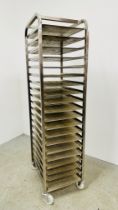 STAINLESS STEEL 20 TIER COMMERCIAL WHEELED BAKING TRAY RACK COMPLETE WITH TRAYS - HEIGHT 182CM.