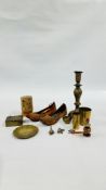 A GROUP OF PERSIAN & INDIAN COLLECTIBLES TO INCLUDE BRASS BOOK, SHOES.