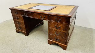 A NINE DRAWER TWIN PEDESTAL DESK COMPLETE WITH KEY, REQUIRES NEW LEATHER, W 154CM X D 90CM X H 75CM.