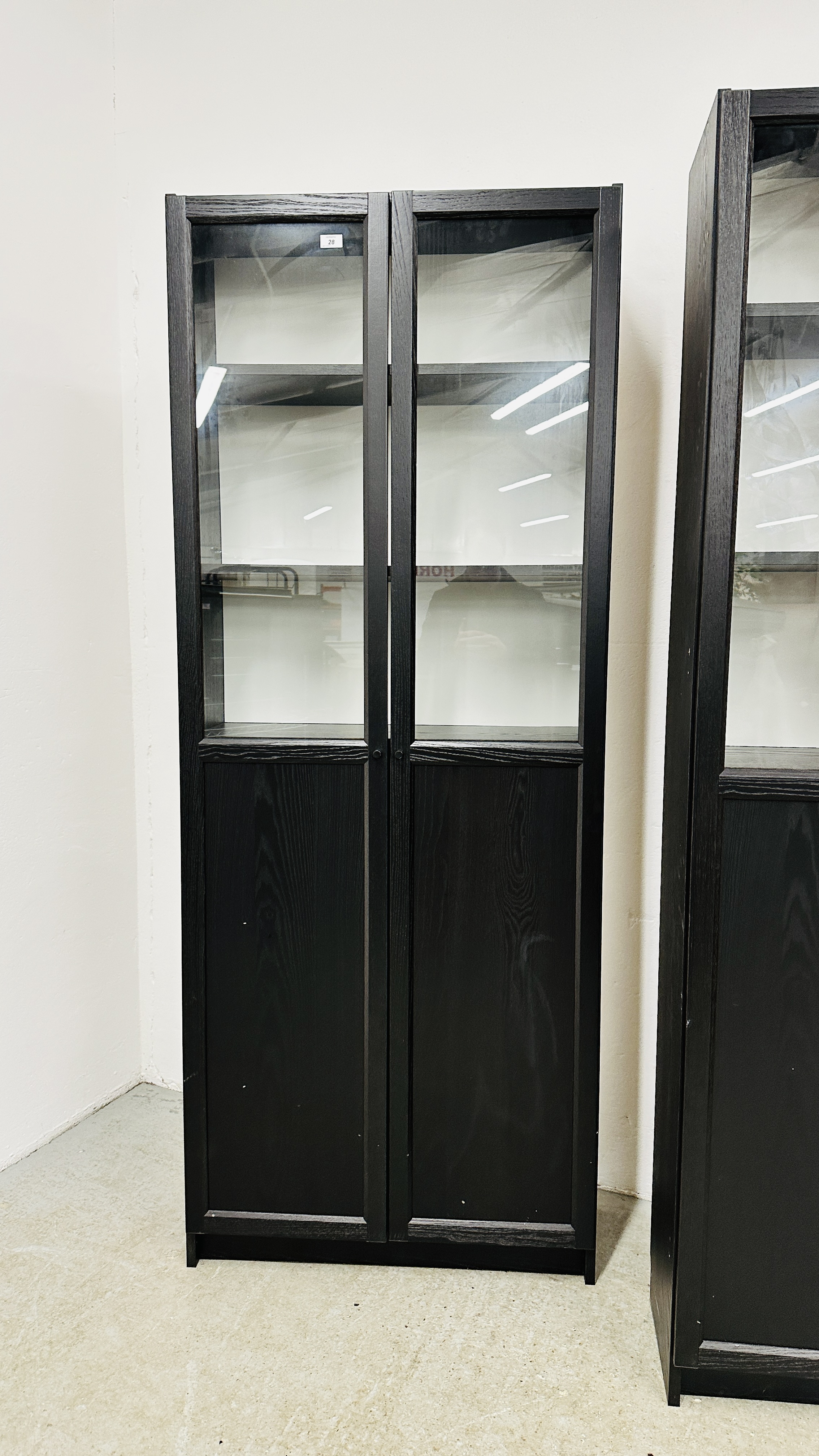 2 X MODERN BLACK ASH EFFECT FINISH FULL HEIGHT WALL CABINETS WITH GLAZED TOPS EACH W 80CM, D 30CM, - Image 3 of 8