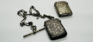 A VINTAGE SILVER MATCH BOX STRIKER SUSPENDED ON A SILVER T-BAR WATCH CHAIN ALONG WITH A FURTHER