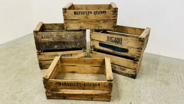 6 VINTAGE WOODEN CRATES MARKED "MARQUIS FRES AVIGNON", RIGAUD, R. BONNAFOUX.