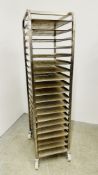 STAINLESS STEEL 20 TIER COMMERCIAL WHEELED BAKING TRAY RACK COMPLETE WITH TRAYS - HEIGHT 182CM.