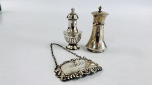 A SILVER WHISKY DECANTER LABEL, PLUS TWO SILVER PEPPER POTS.