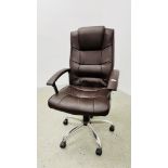 A BROWN FAUX LEATHER REVOLVING EXECUTIVE OFFICE CHAIR.